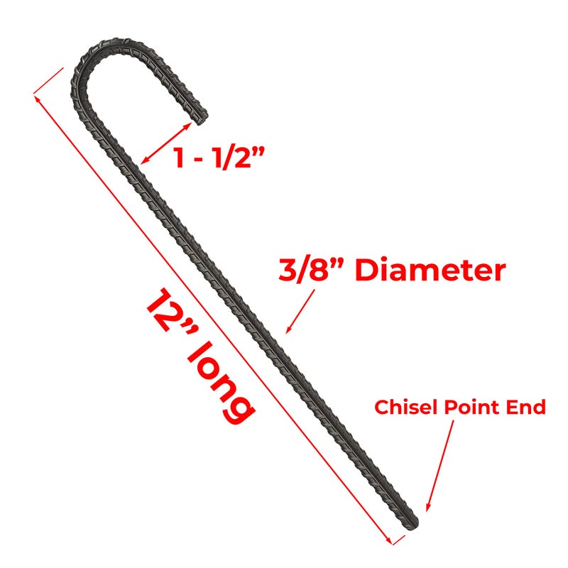NHZ 12â€ Ground Rebar Stakes (16pcs) Heavy Duty J Hook Ground Anchors, Curved Steel Plant Support Garden Stake with Chisel Point end, Hammer for Camping Tent - Black Powder Coated - Image 3